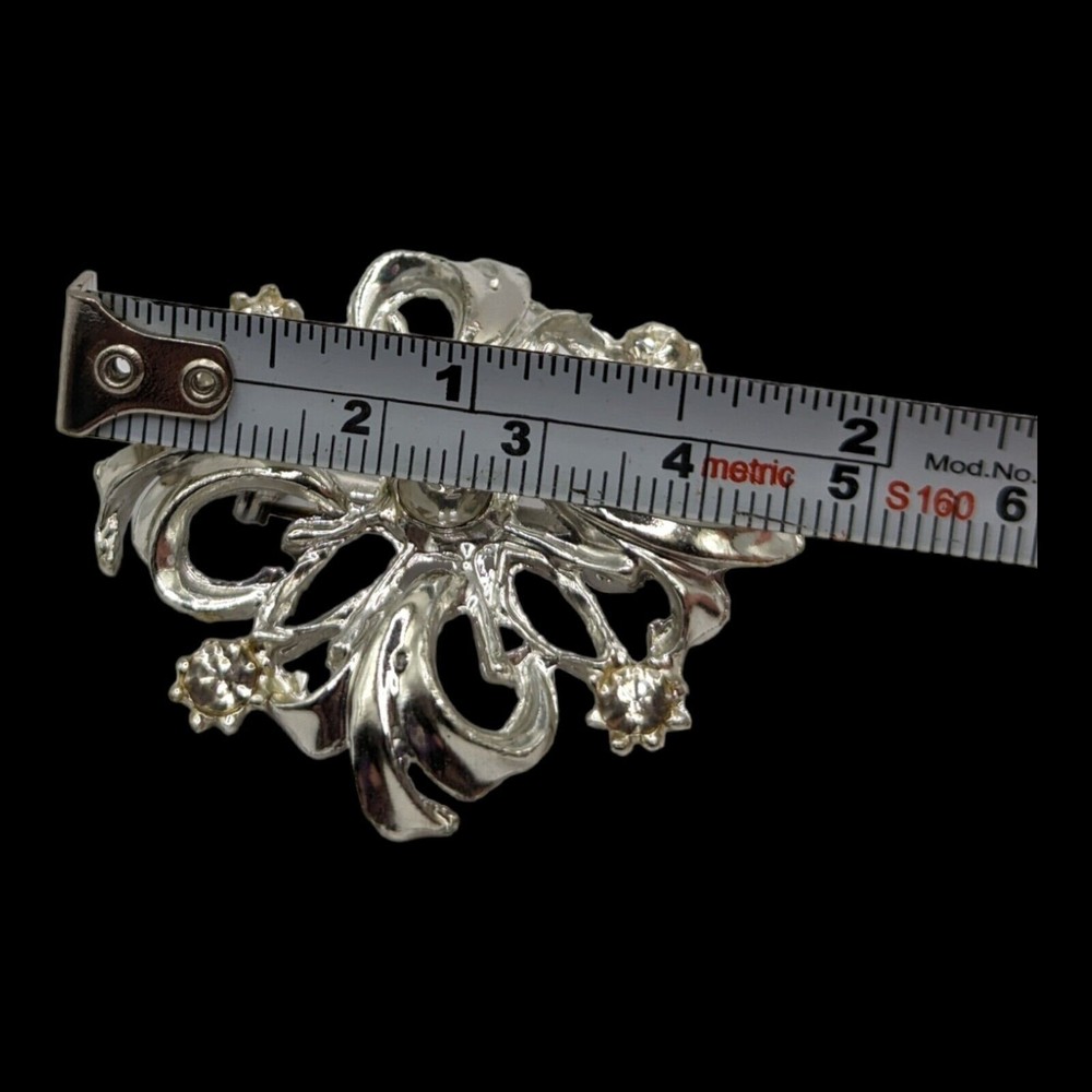 Vintage Clear Rhinestone Silver Tone Flower Ribbon Brooch Pin Estate Statement - Picture 6 of 6